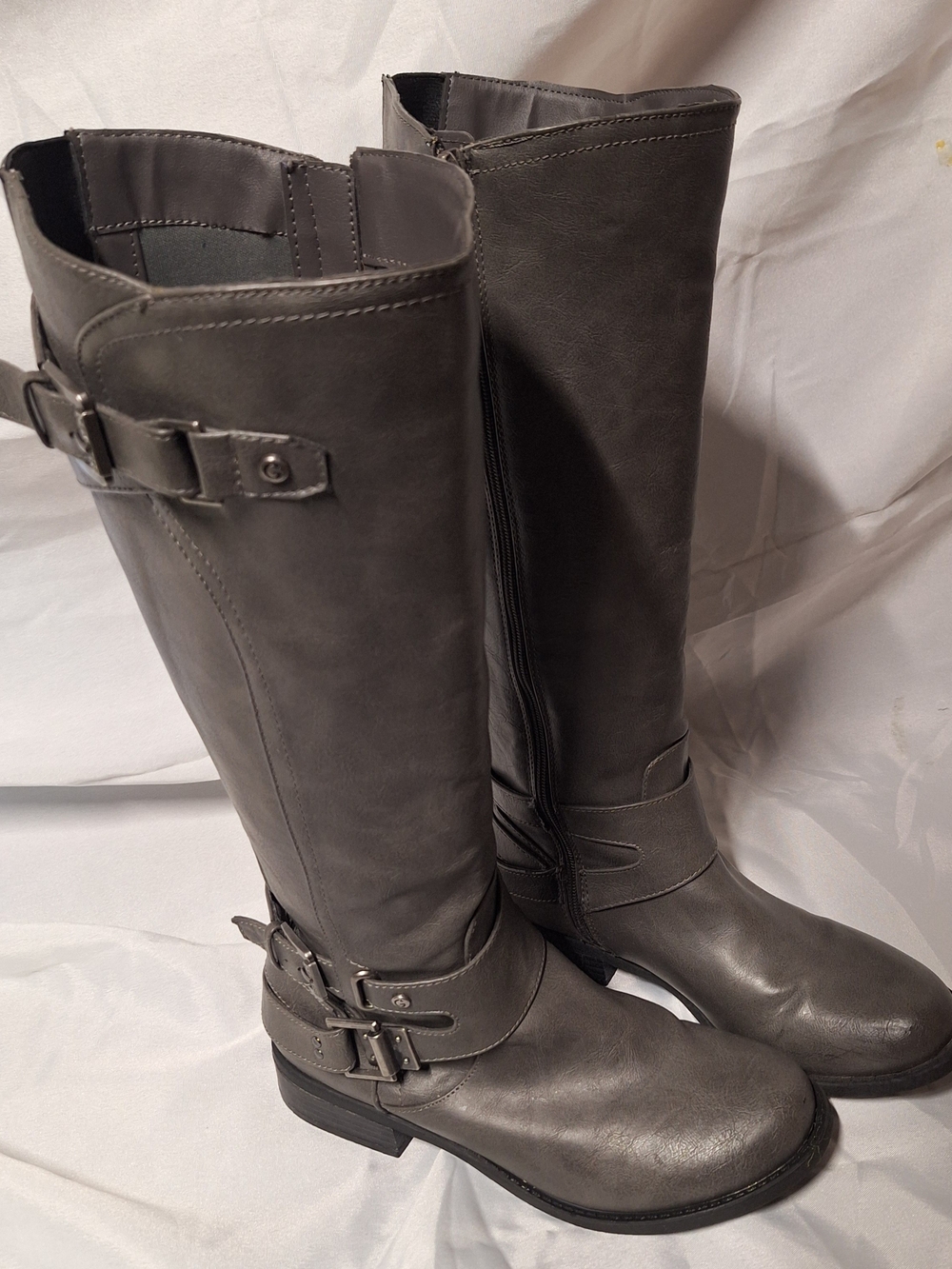 G by GUESS knee-high riding boots in a distressed grey finish